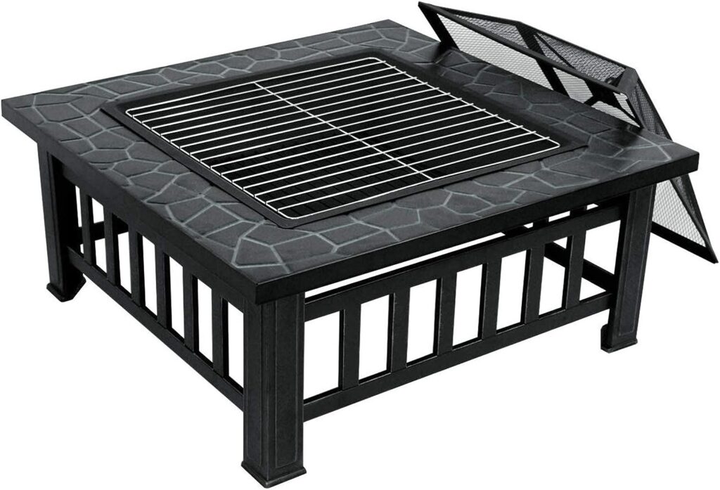 ZENY 32in Outdoor Fire Pits Outside Wood Burning Firepit Square Metal Fireplace Table Fire Bowl with Grill,Screen and Poker for Camping Bonfire Backyard BBQ