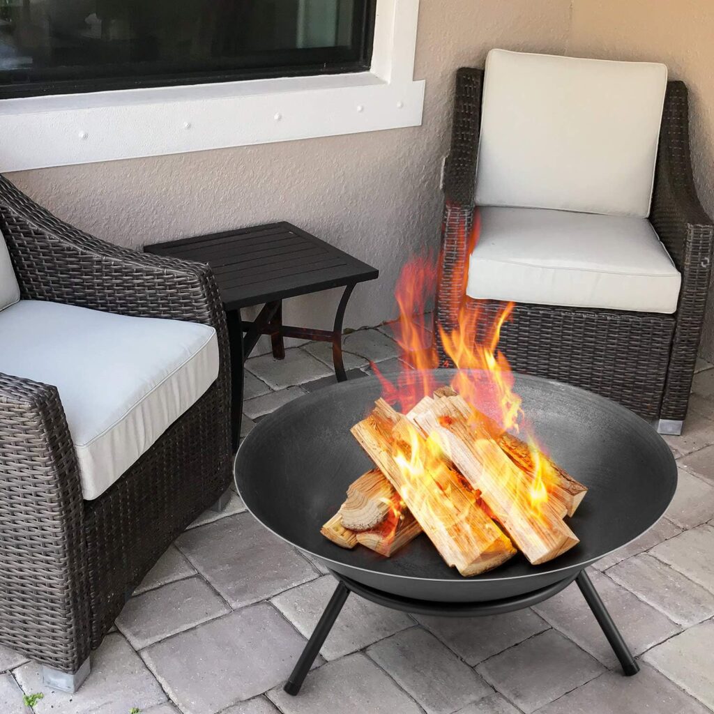 AMAGABELI GARDEN HOME Fire Pit Outdoor Wood Burning Fire Bowl 22.6in with A Drain Hole Fireplace Extra Deep Large Round Outside Backyard Deck Camping Heavy Duty Metal Grate Rustproof