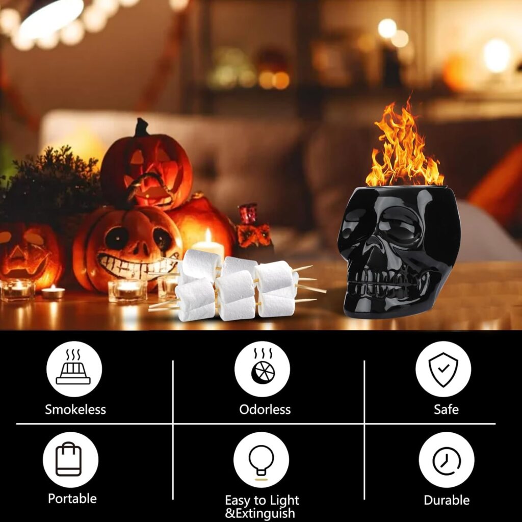 MOCOOS Tabletop Fire Pit Bowl, Ceramic Mini Fire Pit, Ethanol Portable Fire Pit for Camping, Skull Decor Smokeless Firepit, Great for Indoor  Outdoor Decor, Christmas Decorations, Unique Gift