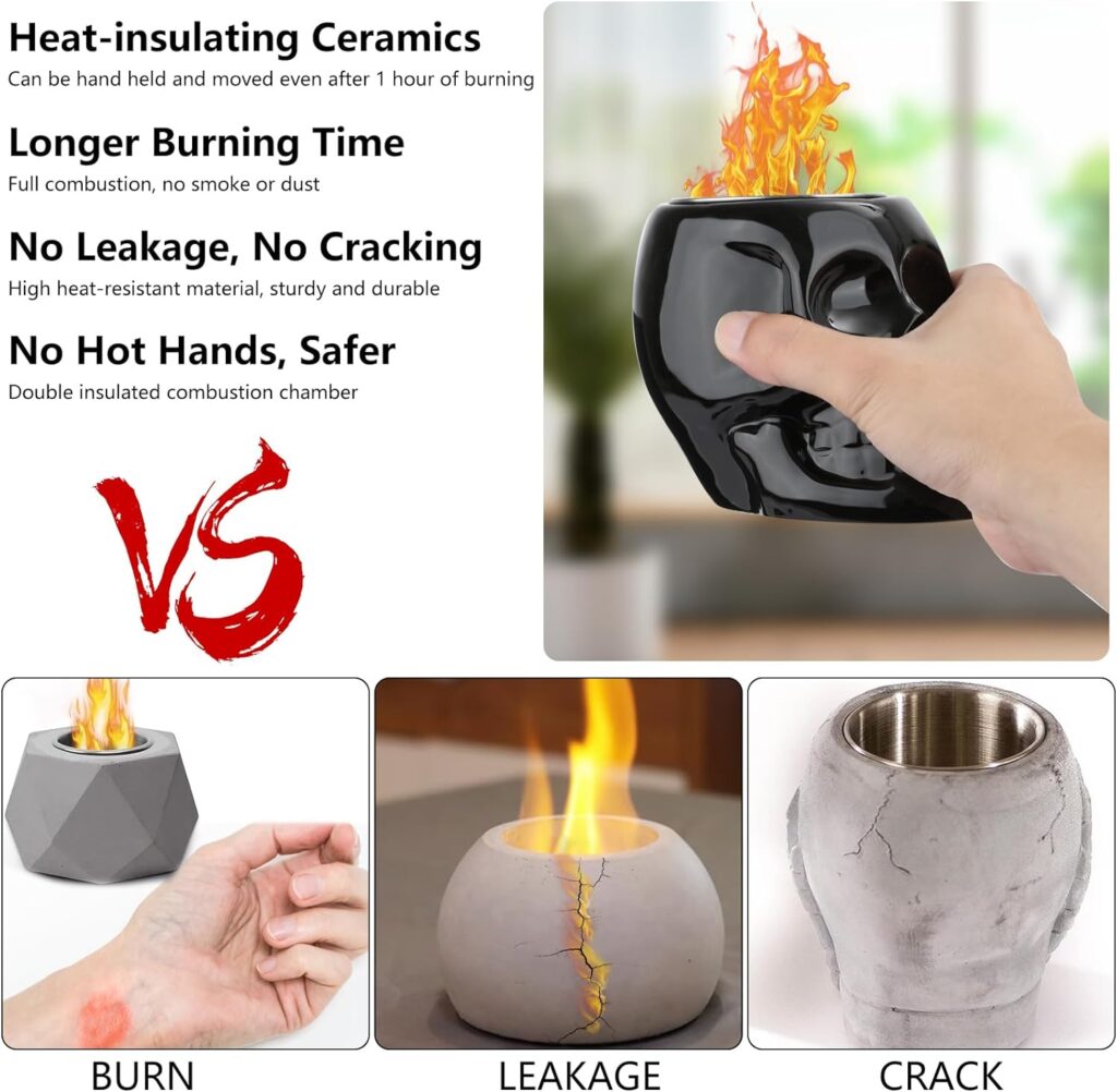 MOCOOS Tabletop Fire Pit Bowl, Ceramic Mini Fire Pit, Ethanol Portable Fire Pit for Camping, Skull Decor Smokeless Firepit, Great for Indoor  Outdoor Decor, Christmas Decorations, Unique Gift