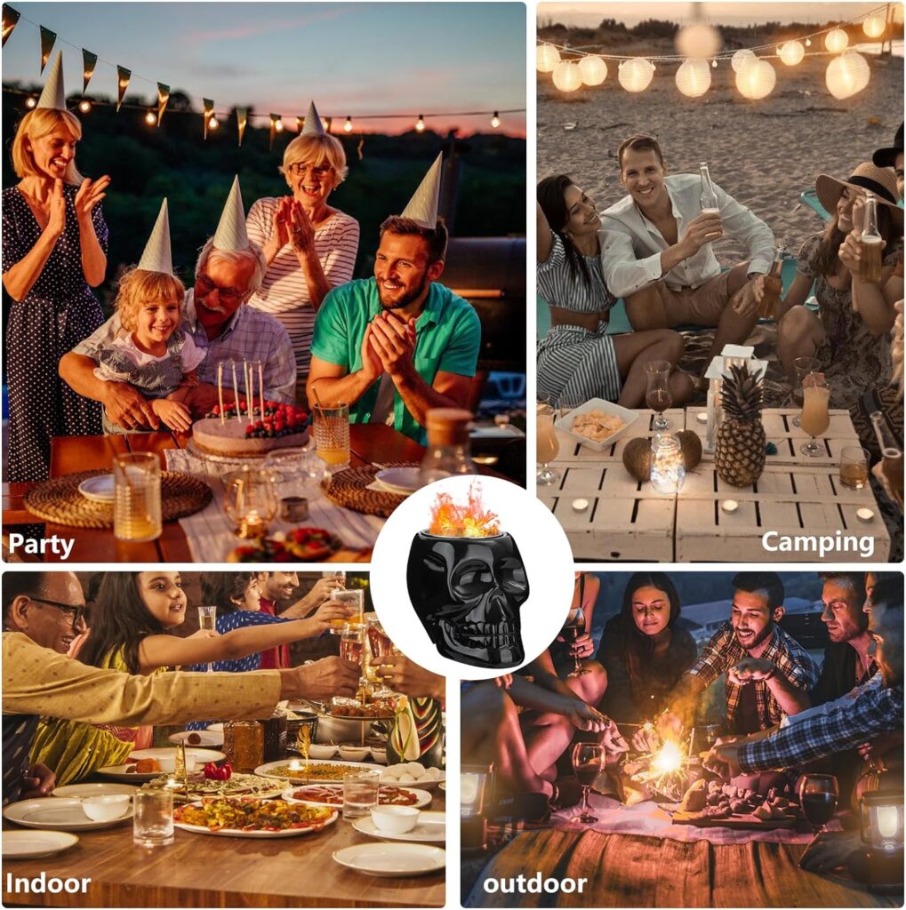 MOCOOS Tabletop Fire Pit Bowl, Ceramic Mini Fire Pit, Ethanol Portable Fire Pit for Camping, Skull Decor Smokeless Firepit, Great for Indoor  Outdoor Decor, Christmas Decorations, Unique Gift