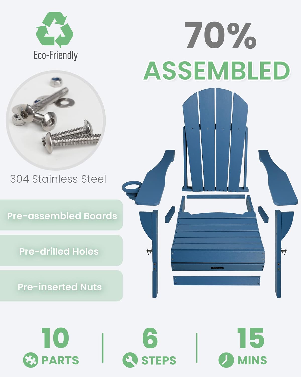 Folding Adirondack Chair Wood Texture, Patio Chair Weather Resistant, Plastic Fire Pit Chair with Cup Holder, for Lawn Outdoor Porch Garden Backyard Deck (Grey)