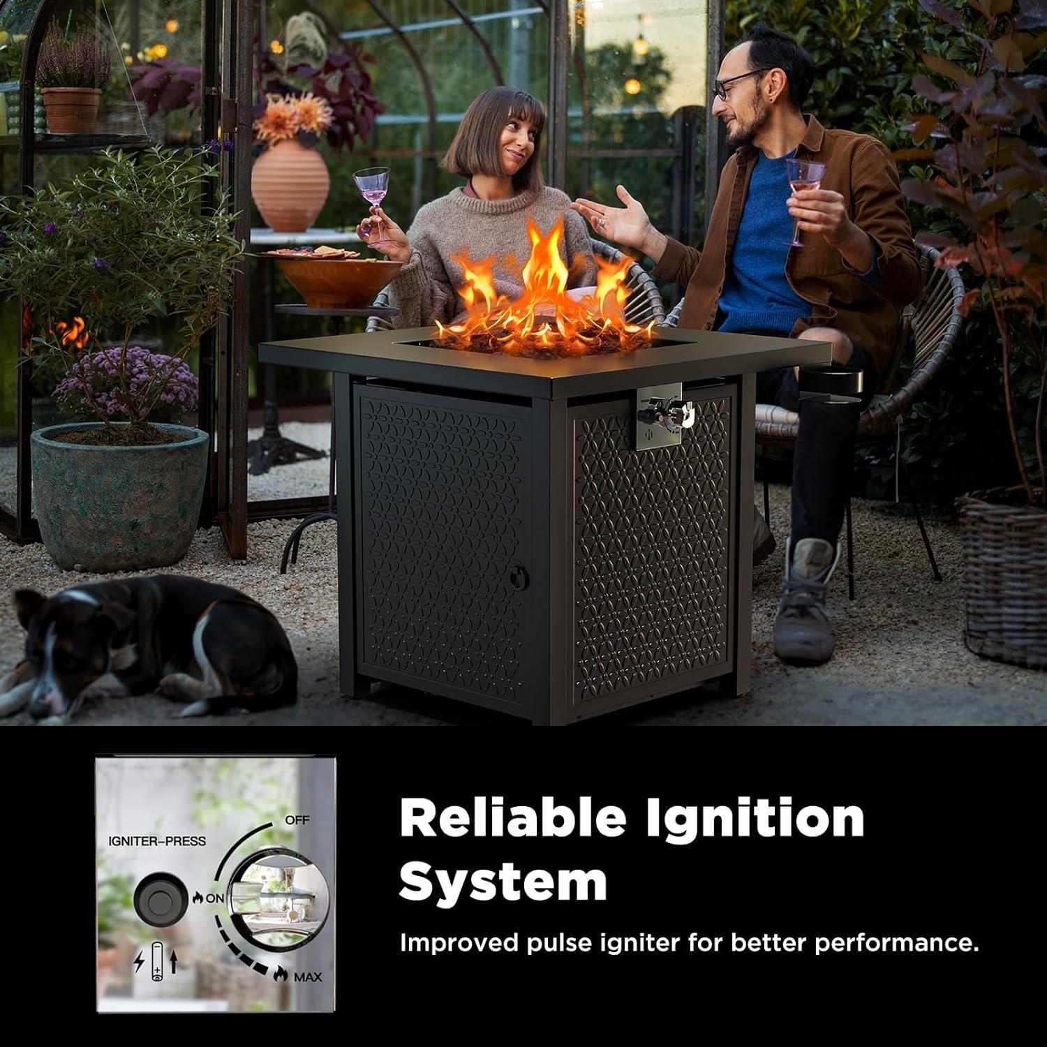 Propane Fire Pits 28 Inch Outdoor Gas Fire Pit, 50,000 BTU Steel Fire Table with Lid and Lava Rock, Add Warmth and Ambience to Gatherings and Parties On Patio Deck Garden Backyard, Black