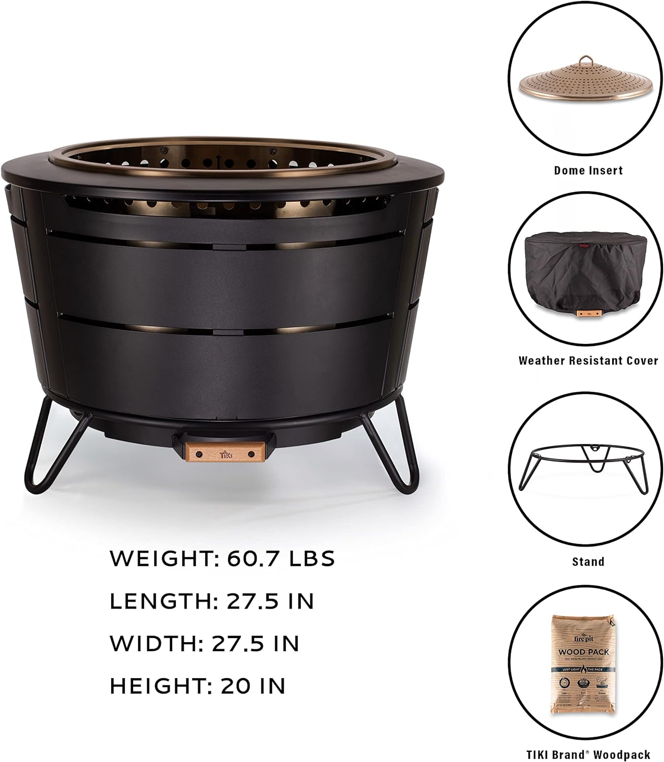 TIKI Brand Smokeless 25 in. Patio Fire Pit, Wood Burning Outdoor Fire Pit - Includes Wood Pack, Modern Design with Removable Ash Pan and Weather Resistant Cover, Black