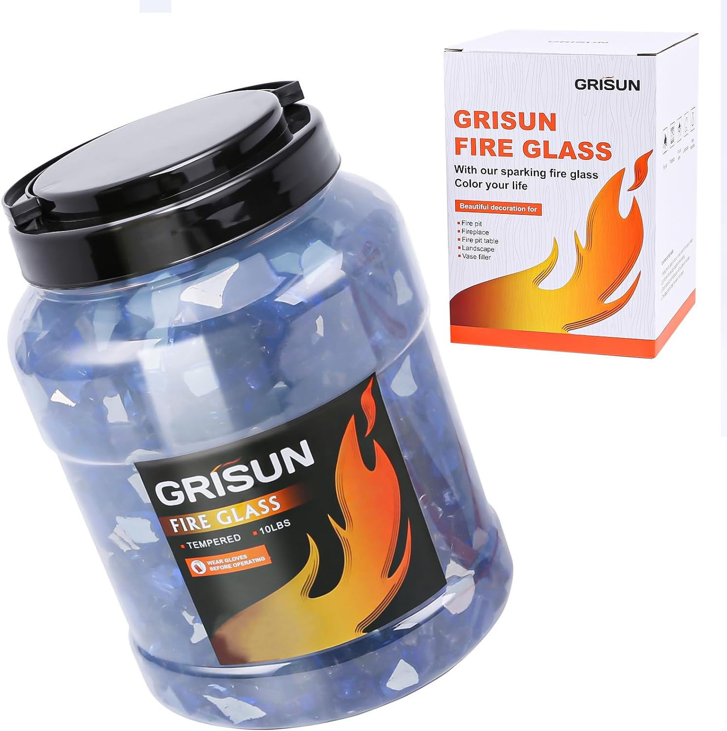 Grisun Fire Glass for Fire Pit - 1/2 Inch 10 Pounds High Luster Reflective Tempered Glass Rocks for Natural or Propane Fireplace, Safe for Outdoors and Indoors Bahama Blend Fire Pit Glass