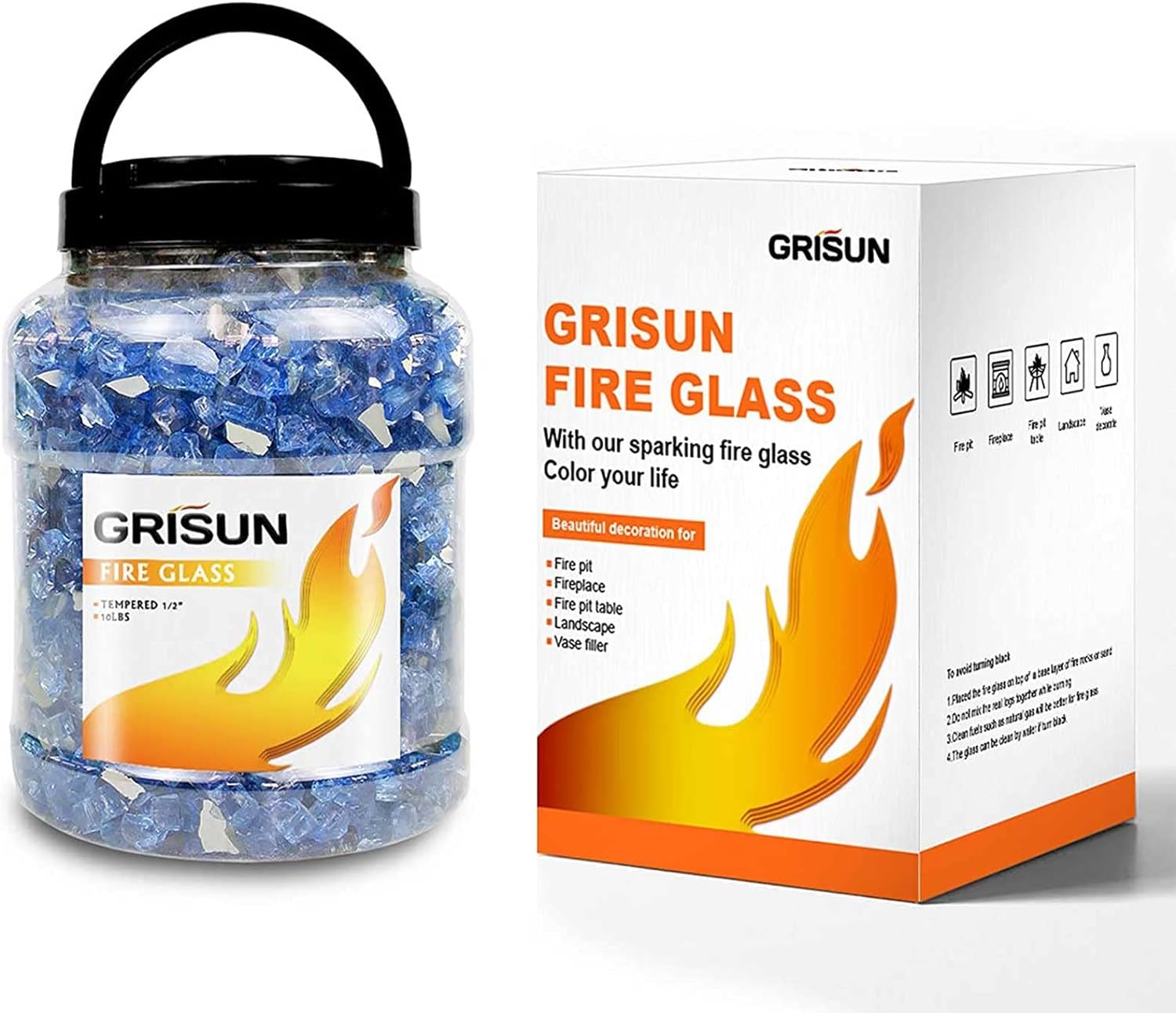 Grisun Fire Glass for Fire Pit - 1/2 Inch 10 Pounds High Luster Reflective Tempered Glass Rocks for Natural or Propane Fireplace, Safe for Outdoors and Indoors Bahama Blend Fire Pit Glass